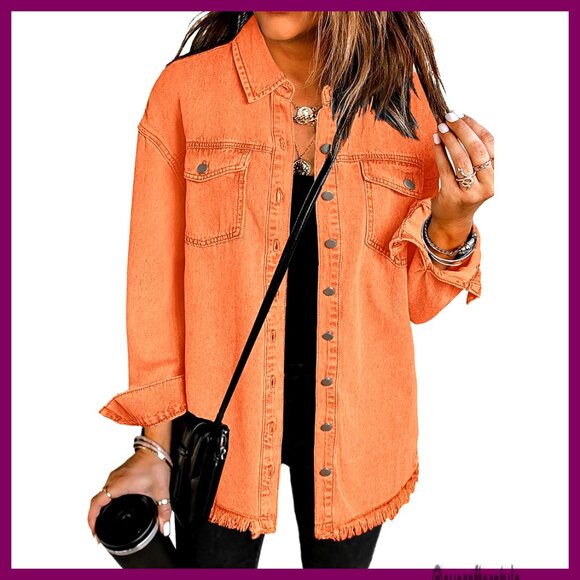 Oversized Denim Shacket with Frayed Hem Button Front Pockets Relaxed Fit